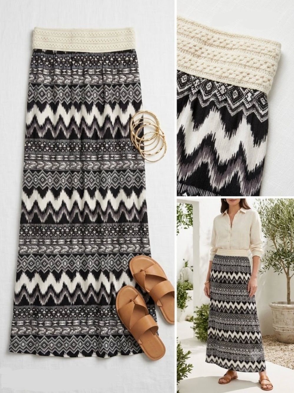 Crochet-Waist Black & Cream Geo-Print Maxi Skirt